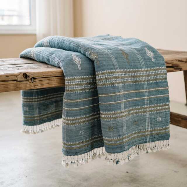 Teal Blue Indian Wool Throw Blanket, Handwoven Sofa Coverlet With Boho Reading Chair Accent - Lapis - image 1