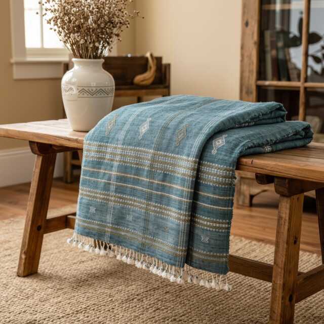 Teal Blue Wool Throw Blanket, Handmade Indian Coverlet For Sofa, Couch, Bed Runner & Boho Home Decor - Lapis - image 1