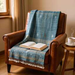 Teal Blue Wool Throw Blanket, Handmade Indian Coverlet For Sofa, Couch, Bed Runner & Boho Home Decor - Lapis - thumbnail 3