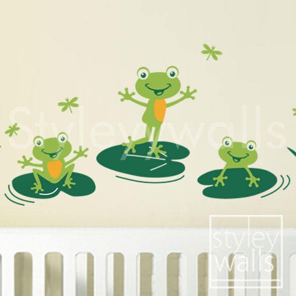 Frogs Wall Decal, Bathroom Sticker, Froggy Friends & Dragonflies, Nursery Vinyl Kids Room Decor - image 1