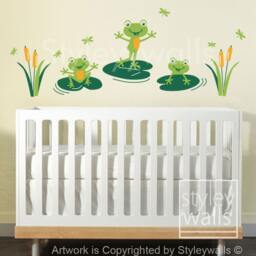 Frogs Wall Decal, Bathroom Sticker, Froggy Friends & Dragonflies, Nursery Vinyl Kids Room Decor - thumbnail 2