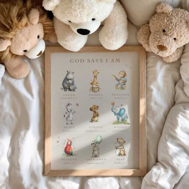 Christian Safari Nursery Decor, Woodland Nursery, Kids Biblical Affirmations, Printable Wall Art, Kid's Room, Neutral Giraffe - 116 - image 1