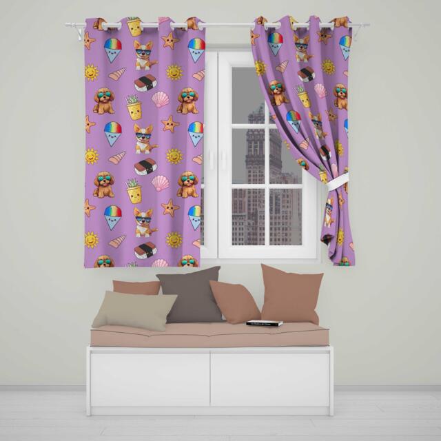 Cute Summer Dog Purple Background Ice Cream Starfish Seamless Pattern Readymade Eyelet Ring Top Thermal 100% Blackout Curtains - image 1