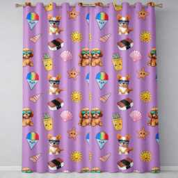 Cute Summer Dog Purple Background Ice Cream Starfish Seamless Pattern Readymade Eyelet Ring Top Thermal 100% Blackout Curtains - thumbnail 2