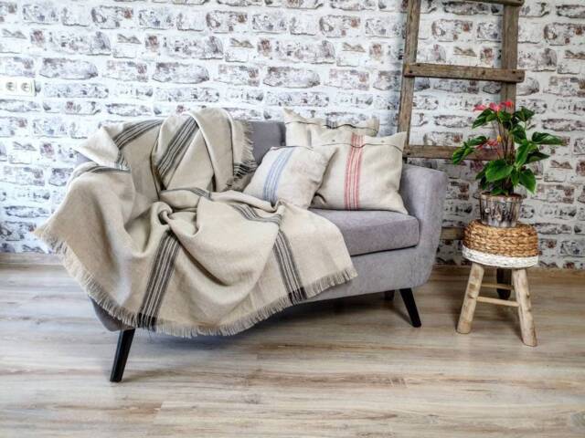 Rustic Linen Blanket, Grain Sack Burlap Fringed Throw, Vintage Raw Throw Beach Sheet Wrap, Cover - image 1