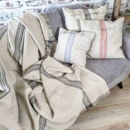 Rustic Linen Blanket, Grain Sack Burlap Fringed Throw, Vintage Raw Throw Beach Sheet Wrap, Cover - thumbnail 2