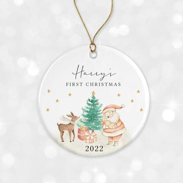 First Christmas Tree Decoration - Personalised Ornament Baby's Xmas Ceramic Bauble Keepsake Gift Santa Rudolph - image 1