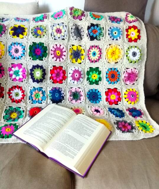 Crochet Flower Granny Square Blanket, Colorful Throw, Floral Bedspread - image 1