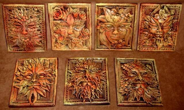 Set Of 7 Green Man Leaf Mythical Season Faces Gothic Art Forest Mask - image 1