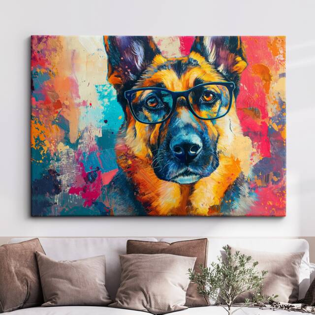 German Shepherd Wearing Glasses Painting Framed Poster Print & Canvas Wall Decor Art Home Living Room Dog Gift Idea Pet - image 1
