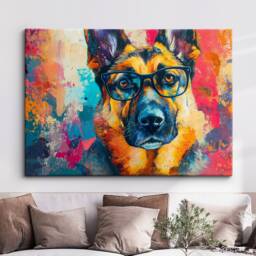 German Shepherd Wearing Glasses Painting Framed Poster Print & Canvas Wall Decor Art Home Living Room Dog Gift Idea Pet - thumbnail 1