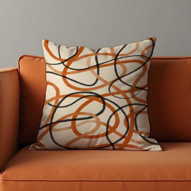 Modern Abstract Line Cushion Cover, Black & Rust Scribble Loops Pillow Case, Minimalist Throw Contemporary Living Room Decor - image 1