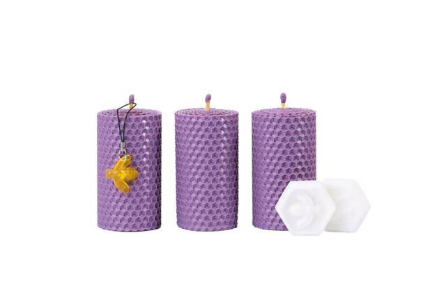 Beeswax Gifts Lavender Set. 3 Pillar Candles With Natural Honey Scent Size - 95 cm & Shea Butter Soap For Gift Home Decor - image 1