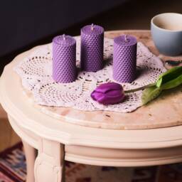 Beeswax Gifts Lavender Set. 3 Pillar Candles With Natural Honey Scent Size - 95 cm & Shea Butter Soap For Gift Home Decor - thumbnail 2