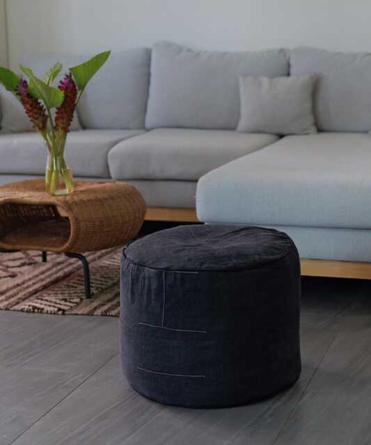 Vintage Hill Tribe Textile Ottoman Pouf Cushion Optional Organic Kapok Fill, Dark Black Embroidered - image 1