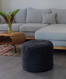 Vintage Hill Tribe Textile Ottoman Pouf Cushion Optional Organic Kapok Fill, Dark Black Embroidered - thumbnail 1