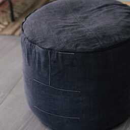Vintage Hill Tribe Textile Ottoman Pouf Cushion Optional Organic Kapok Fill, Dark Black Embroidered - thumbnail 4