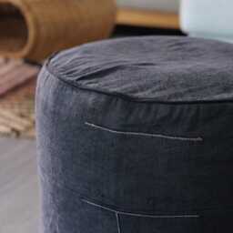 Vintage Hill Tribe Textile Ottoman Pouf Cushion Optional Organic Kapok Fill, Dark Black Embroidered - thumbnail 2