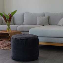 Vintage Hill Tribe Textile Ottoman Pouf Cushion Optional Organic Kapok Fill, Dark Black Embroidered - thumbnail 3