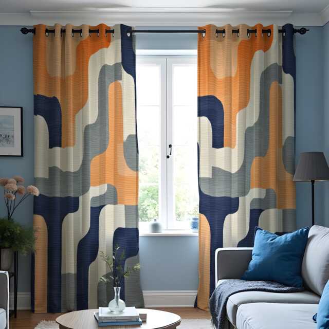 Retro Geometric Curtains, Mid Century Modern Orange Blue Drapes, Abstract Wave Pattern Window Panels, Farmhouse Style Living Room Decor - image 1
