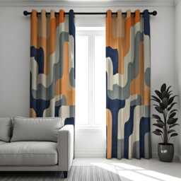 Retro Geometric Curtains, Mid Century Modern Orange Blue Drapes, Abstract Wave Pattern Window Panels, Farmhouse Style Living Room Decor - thumbnail 3