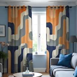 Retro Geometric Curtains, Mid Century Modern Orange Blue Drapes, Abstract Wave Pattern Window Panels, Farmhouse Style Living Room Decor - thumbnail 1