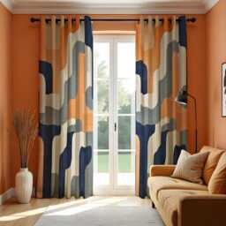 Retro Geometric Curtains, Mid Century Modern Orange Blue Drapes, Abstract Wave Pattern Window Panels, Farmhouse Style Living Room Decor - thumbnail 2