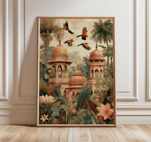 Tropical Temple Poster, Exotic Jungle Wall Art Print in Detailed Illustration Style - image 1