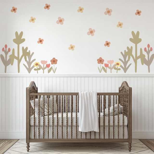 Boho Flower Wall Stickers Nursery Decor - Neutral Floral Decals Wildflower Kids Bedroom Peel & Stick Art - image 1