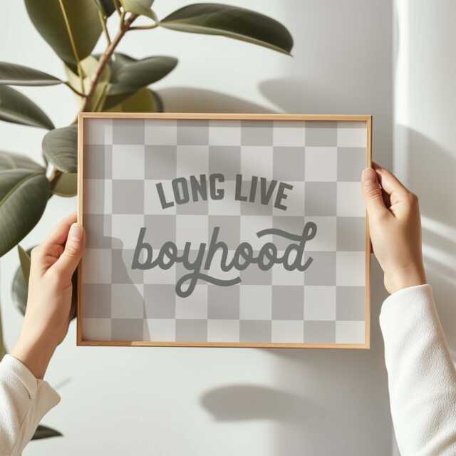 Long Live Boyhood Print Grey Checkered Kids Room Decor - image 1