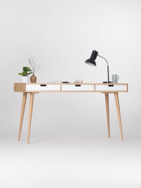 Oak Study Desk With White Drawers - Mid-Century Scandinavian Style Home Office Furniture - image 1