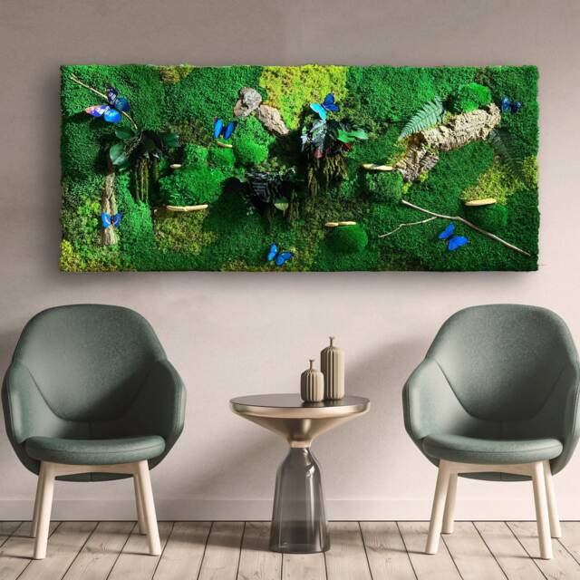 Preserved Moss Wall Art Handmade Panel Set With Mushrooms & Butterflies - image 1