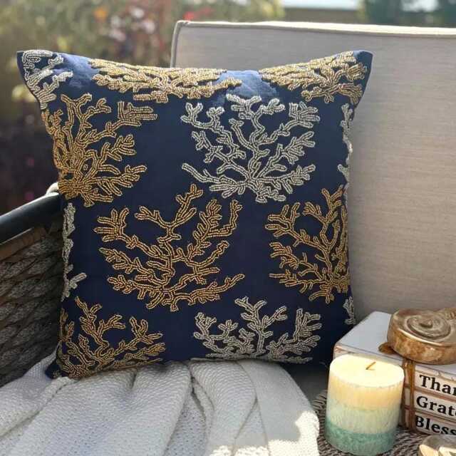 Navy Blue Beaded Cotton Linen Beach Style Pillow Cover, 16x16 Sea Creature Cushion Cover - Weeds Swim - image 1