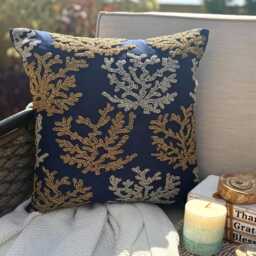 Navy Blue Beaded Cotton Linen Beach Style Pillow Cover, 16x16 Sea Creature Cushion Cover - Weeds Swim - thumbnail 1