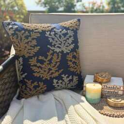 Navy Blue Beaded Cotton Linen Beach Style Pillow Cover, 16x16 Sea Creature Cushion Cover - Weeds Swim - thumbnail 3