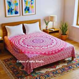 Pink Handblock Printed Twin Size Bed Sheet With 2 White Pillow Covers - thumbnail 1