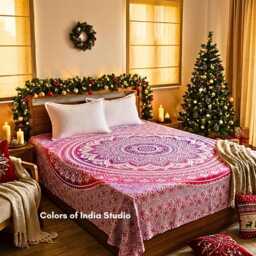 Pink Handblock Printed Twin Size Bed Sheet With 2 White Pillow Covers - thumbnail 2