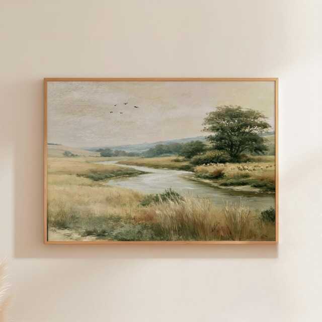 Meadow River Poster, Neutral Landscape Print, Country Wall Art, Paper - image 1