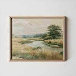 Meadow River Poster, Neutral Landscape Print, Country Wall Art, Paper - thumbnail 3