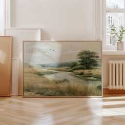 Meadow River Poster, Neutral Landscape Print, Country Wall Art, Paper - thumbnail 4