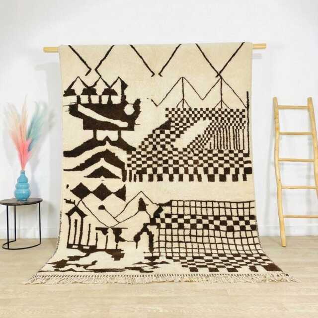Ivory & Brown Geometric Moroccan Rug - Large 9x12 Area Handmade Berber Shag With Modern Tribal Design - image 1