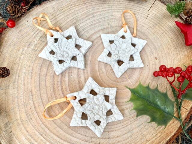 Double Star Decoration, Handmade, Hand Painted, Flat, Hanging Ornament, Ceramic, Christmas Tree - image 1