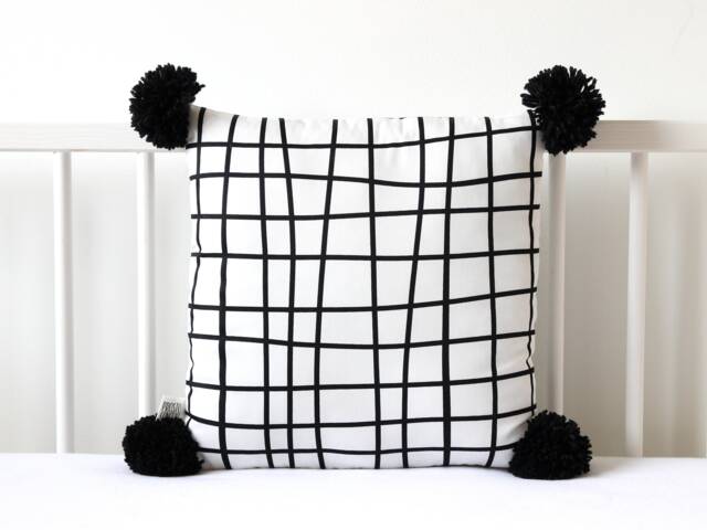 Black Pom Pillow ~ Kids Throw & White Cushion Reading Nook Decor - image 1