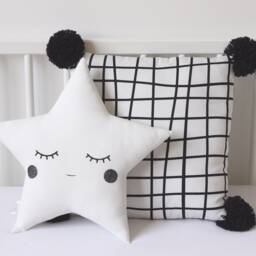 Black Pom Pillow ~ Kids Throw & White Cushion Reading Nook Decor - thumbnail 2