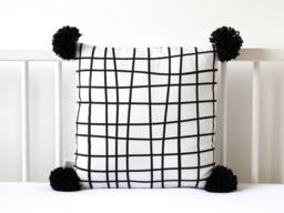 Black Pom Pillow ~ Kids Throw & White Cushion Reading Nook Decor - thumbnail 1