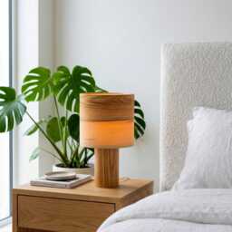Elegant Olive Wood Bedside Lamp For Rustic Chic Deco, Handcrafted Nightlight Scandinavian Decor - thumbnail 4