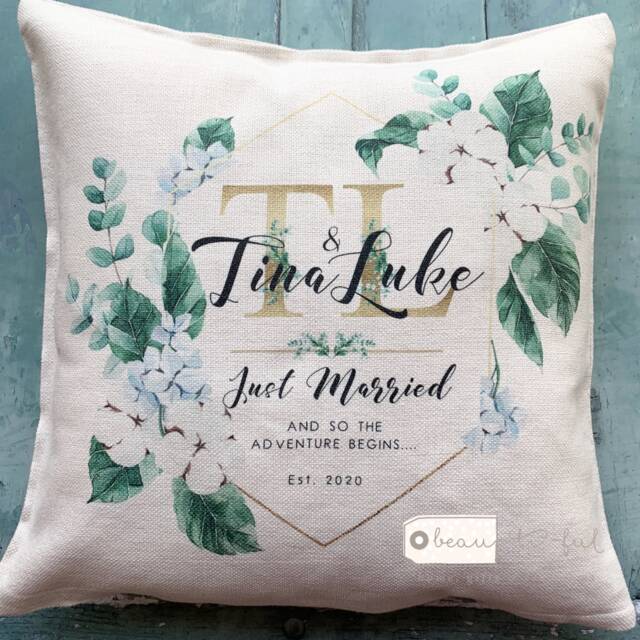 Personalised Just Married Initials Names Mr & Mrs Wedding .. Floral Geometric Greenery Design Linen Style Cushion Decor Cover