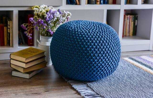 Chunky Knit Pouf, Indigo Ottoman, Floor Pillow, Large&small Nursery Decor, Large Cushion, Footstool, Scandinavian Pouf - image 1