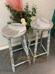 Pair Of Bar Stools Wooden Professionally Painted Fern Leaf