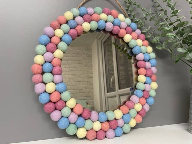 Medium Circular Hanging Pom Pom Mirror, Pastel Rainbow Poms, Playroom, Nursery Decor - image 1